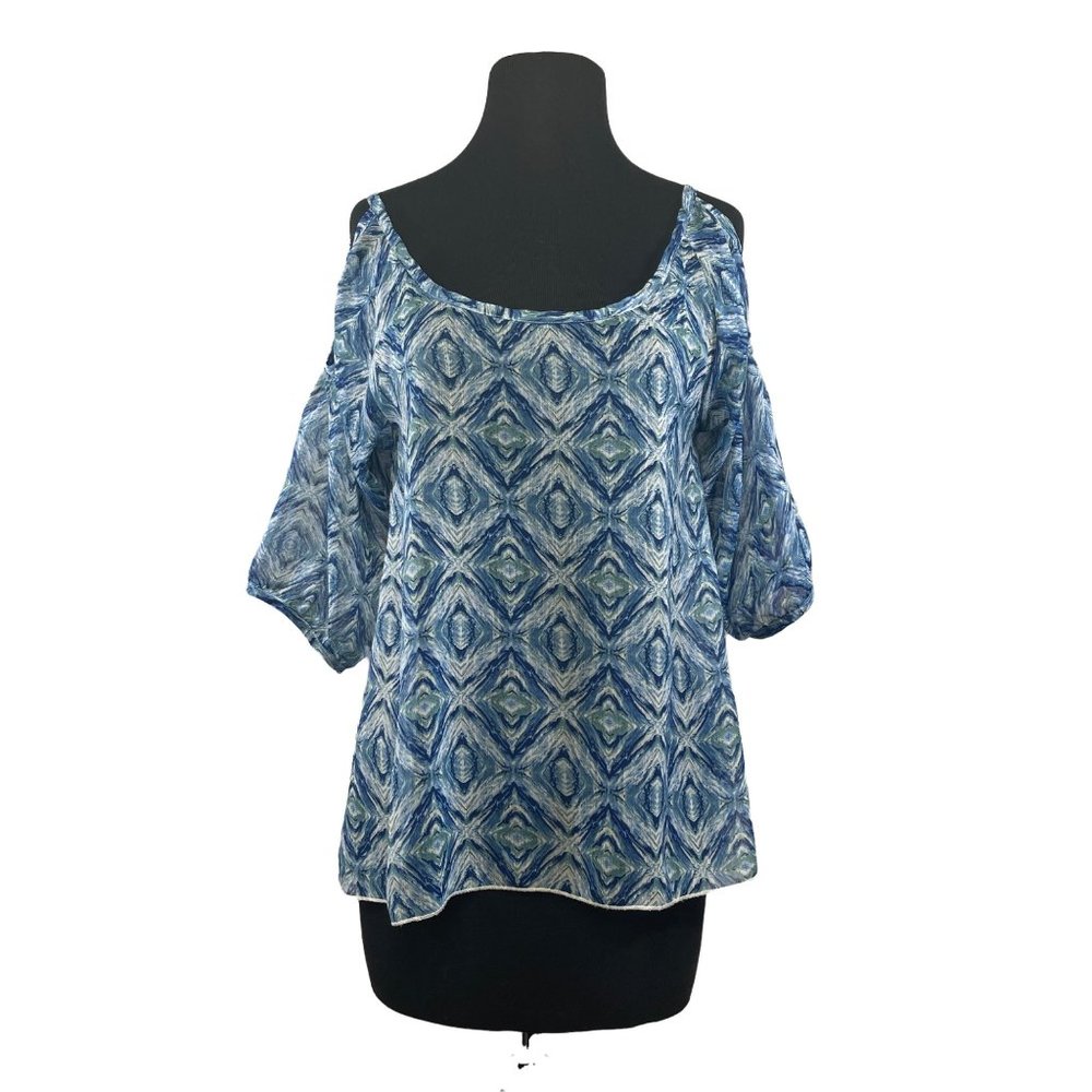 First Love Sheer Blue Cold Shoulder Top No Size Tag Measures Medium
